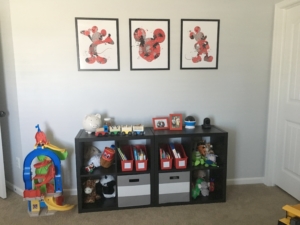 Child Shelf with bins and Mickey Mouse Posters